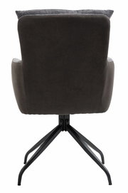 Rückansicht eines Sessels mit dunklem Stoffbezug und schwarzem Metallgestell.