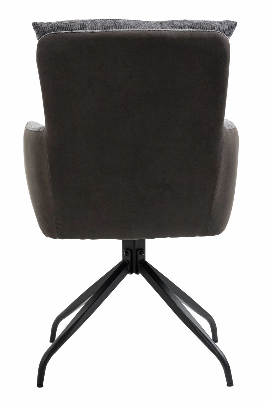 Rückansicht eines Sessels mit dunklem Stoffbezug und schwarzem Metallgestell.