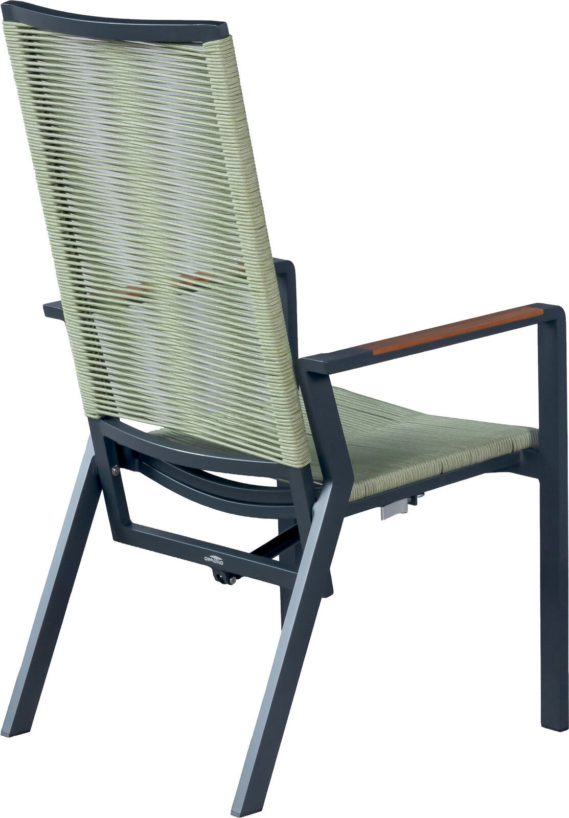 Moderner Gartenstuhl mit dunkelgrauem Metallgestell, hellgrüner Seilbespannung an Rückenlehne und Sitz sowie Armlehnen mit Holzauflage, freigestellt auf weißem Hintergrund, Ansicht schräg von hinten links