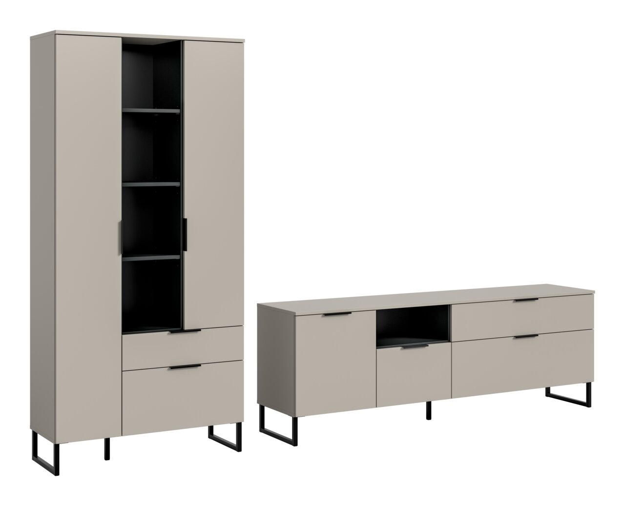 MID.YOU Wohnkombination NOIDA Modernes zweiteiliges Möbelset in Greige mit schwarzem Metallgestell: hoher Schrank mit Türen, Schublade und offenen Regalfächern sowie niedriges Sideboard mit Türen, Schubladen und offenem Fach, freigestellt in frontaler Perspektive