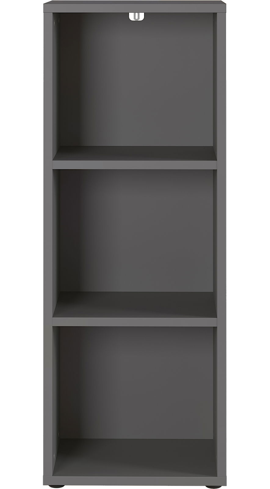 Graues Aktenregal mit drei offenen Fächern, frontale Ansicht