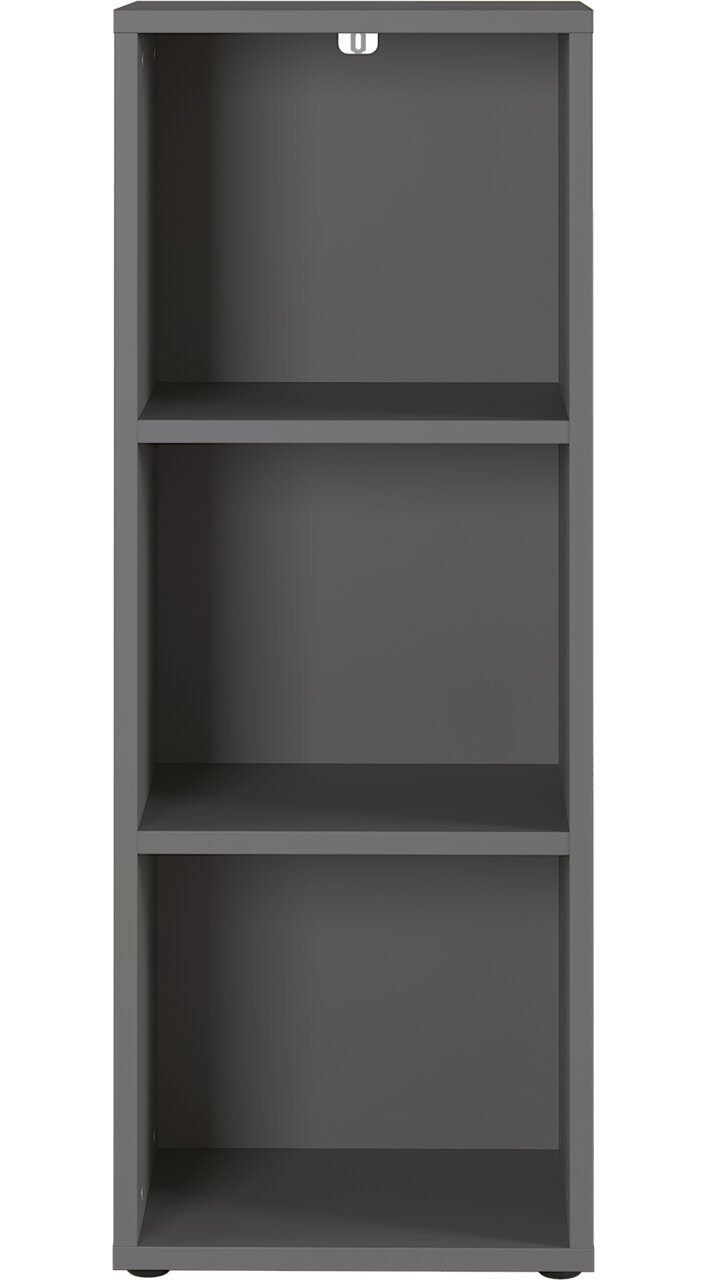 Graues Aktenregal mit drei offenen Fächern, frontale Ansicht