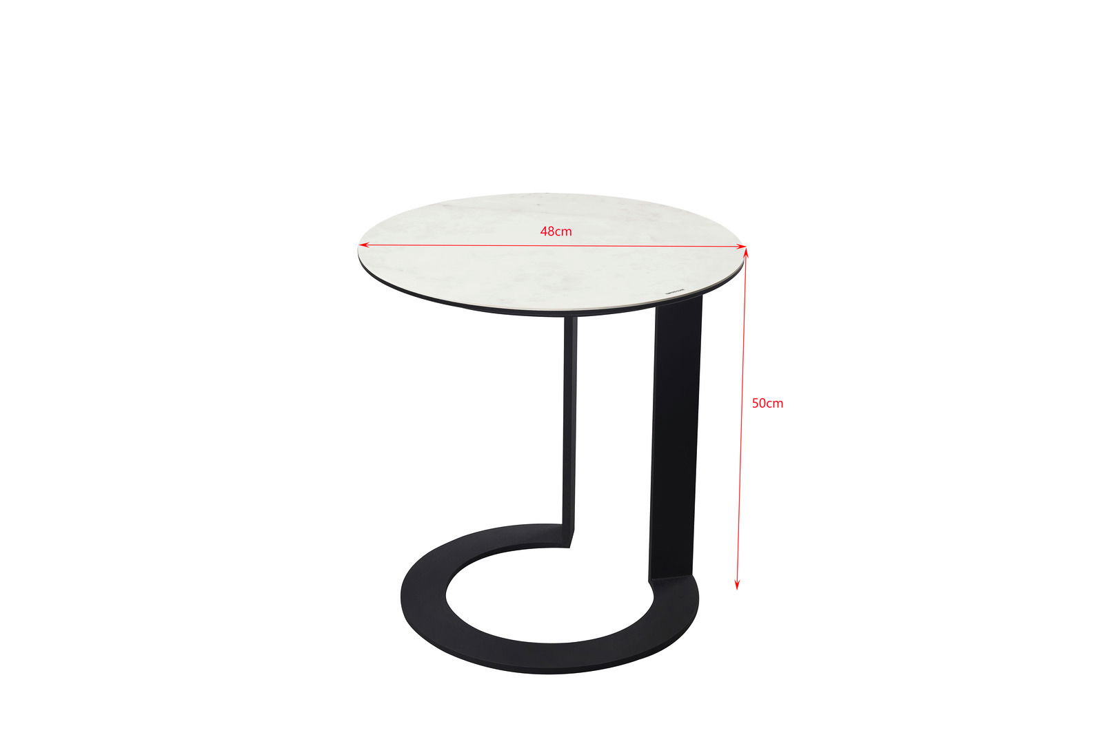 Moderner Beistelltisch mit rundem, weißem Tischplatte und schwarzem, gebogenem Metallgestell, seitliche Perspektive.