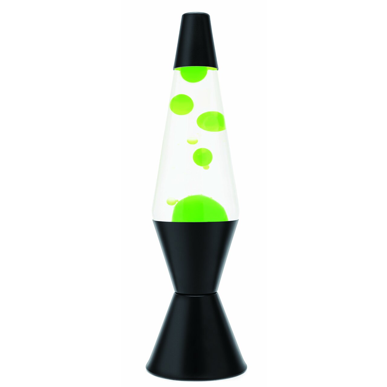 Grüne Lavaleuchte mit schwarzem Sockel, seitliche Ansicht