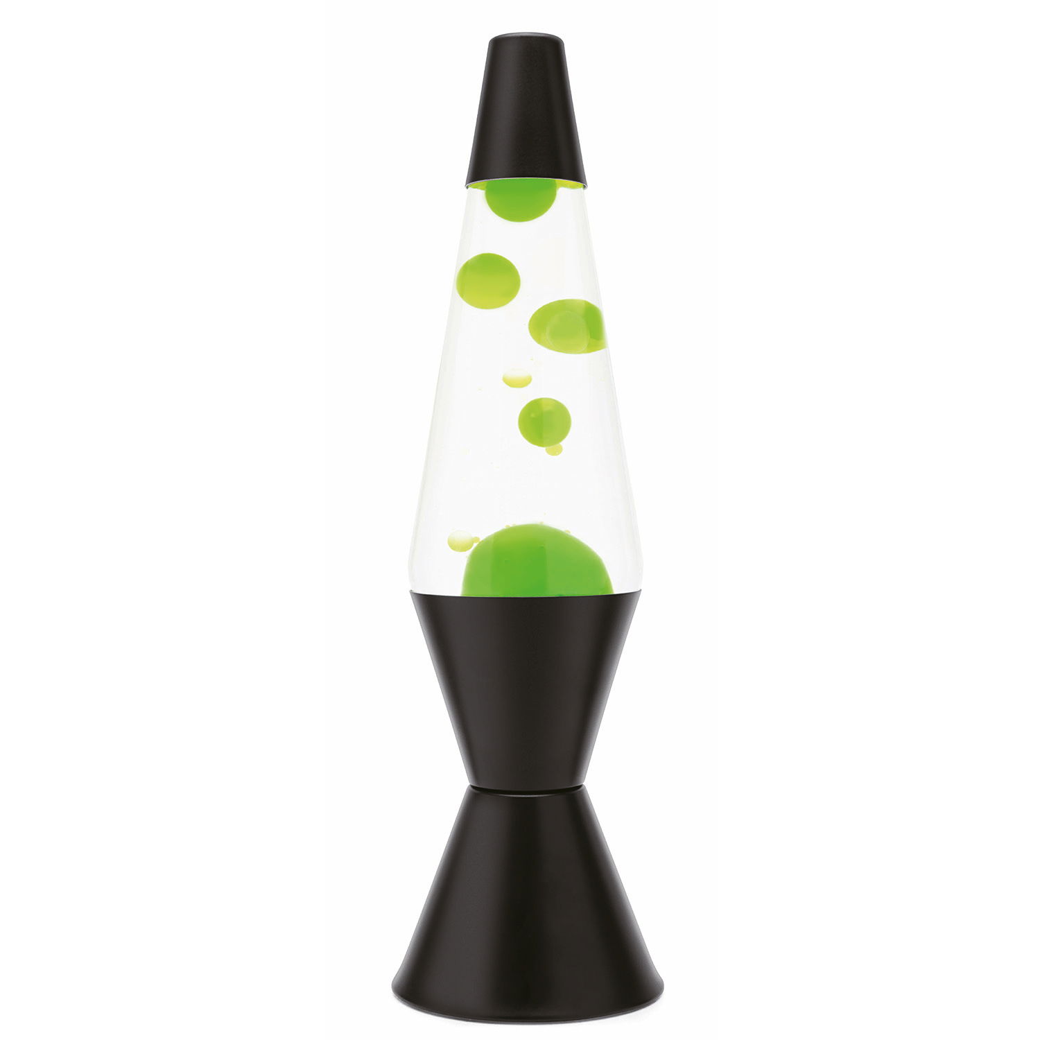 Grüne Lavaleuchte mit schwarzem Sockel, seitliche Ansicht