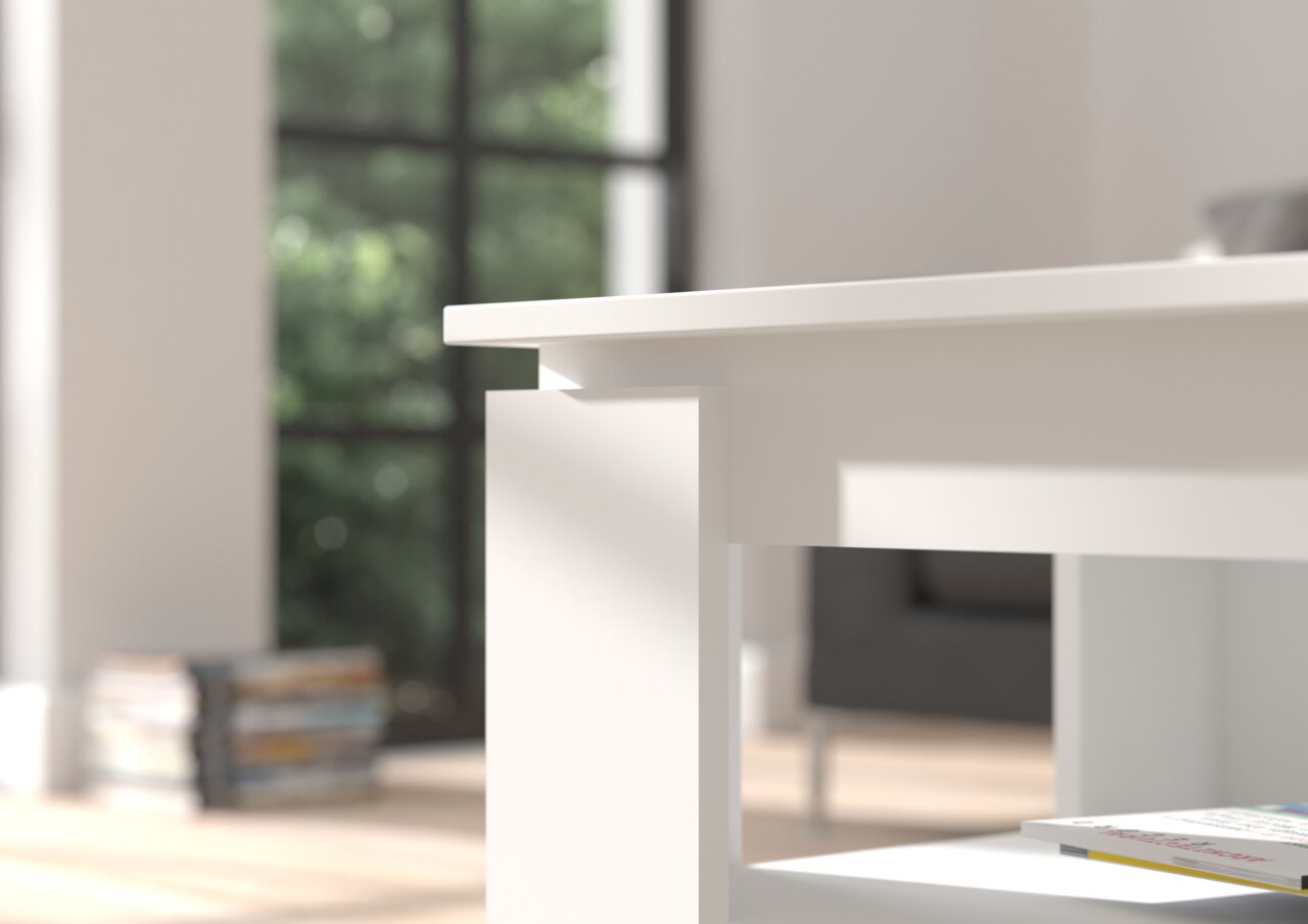 Nahaufnahme eines weißen Couchtisches mit modernem Design, seitliche Perspektive, im Hintergrund ein Fenster mit Blick ins Grüne.