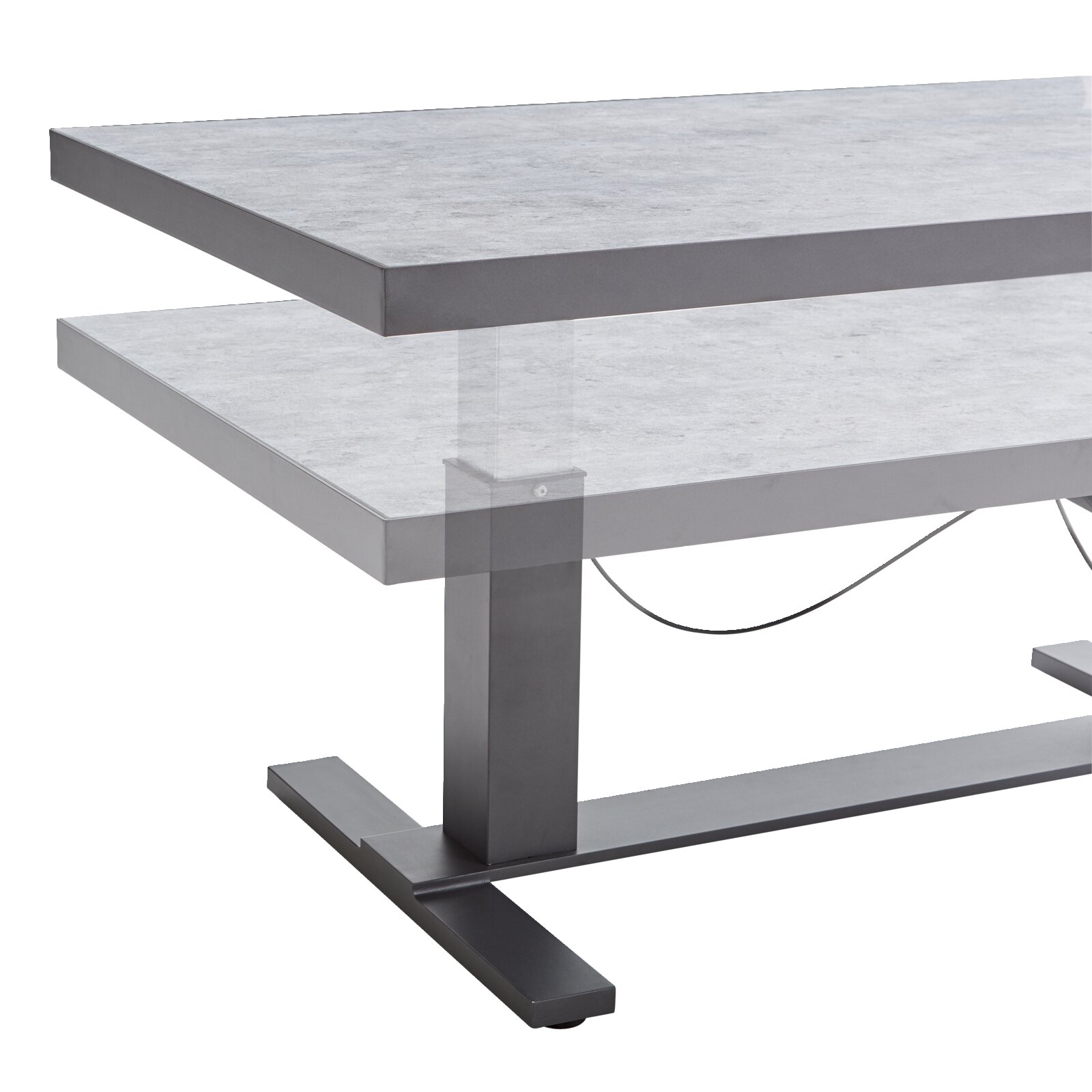 Moderner höhenverstellbarer Gartentisch aus Metall und Glas, seitliche Perspektive