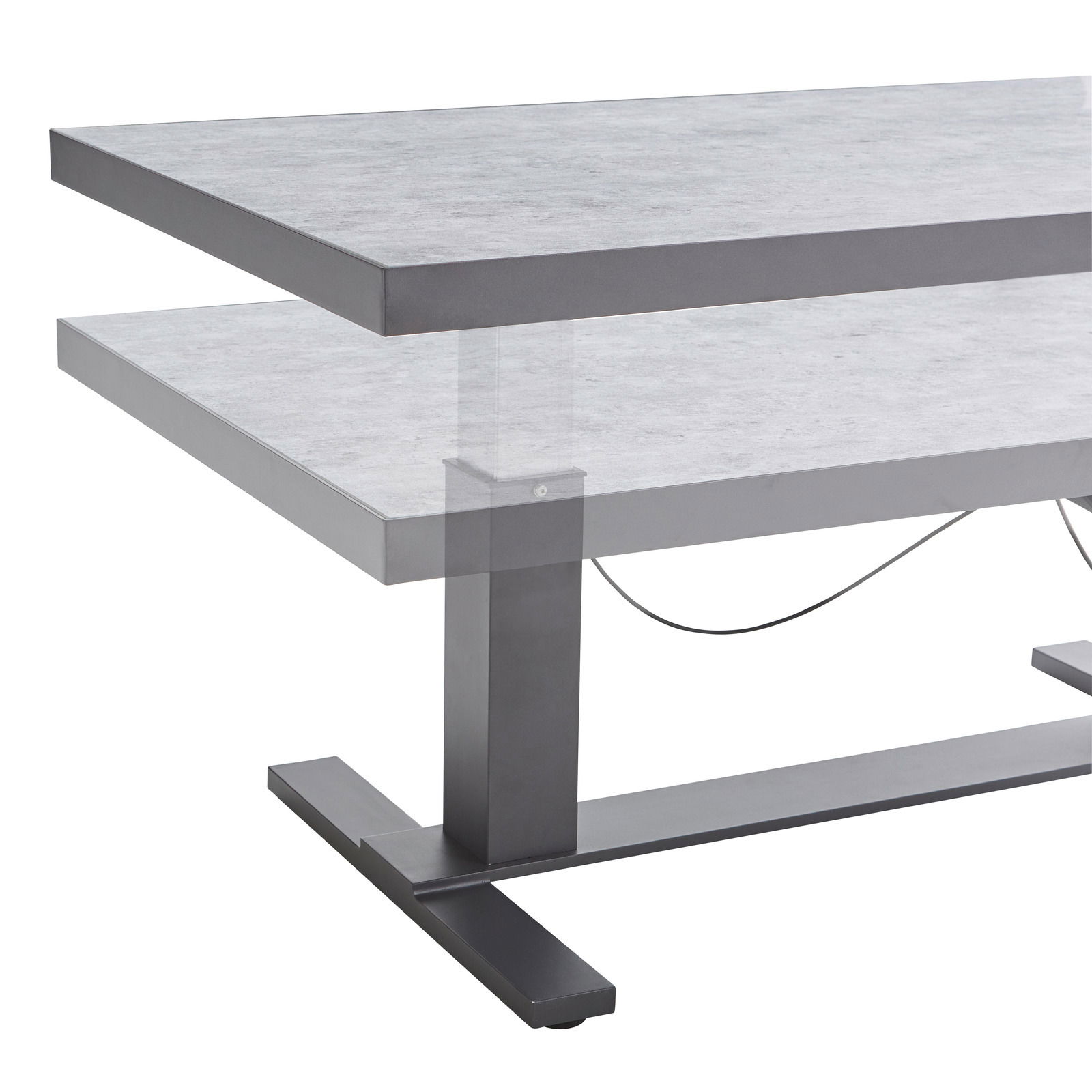 Moderner höhenverstellbarer Gartentisch aus Metall und Glas, seitliche Perspektive