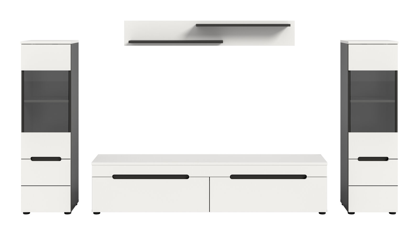 Modernes Wohnzimmermöbel-Set in Weiß und Anthrazit mit zwei hohen Vitrinenschränken, niedrigem TV-Lowboard und zwei Wandregalen, frontale Ansicht