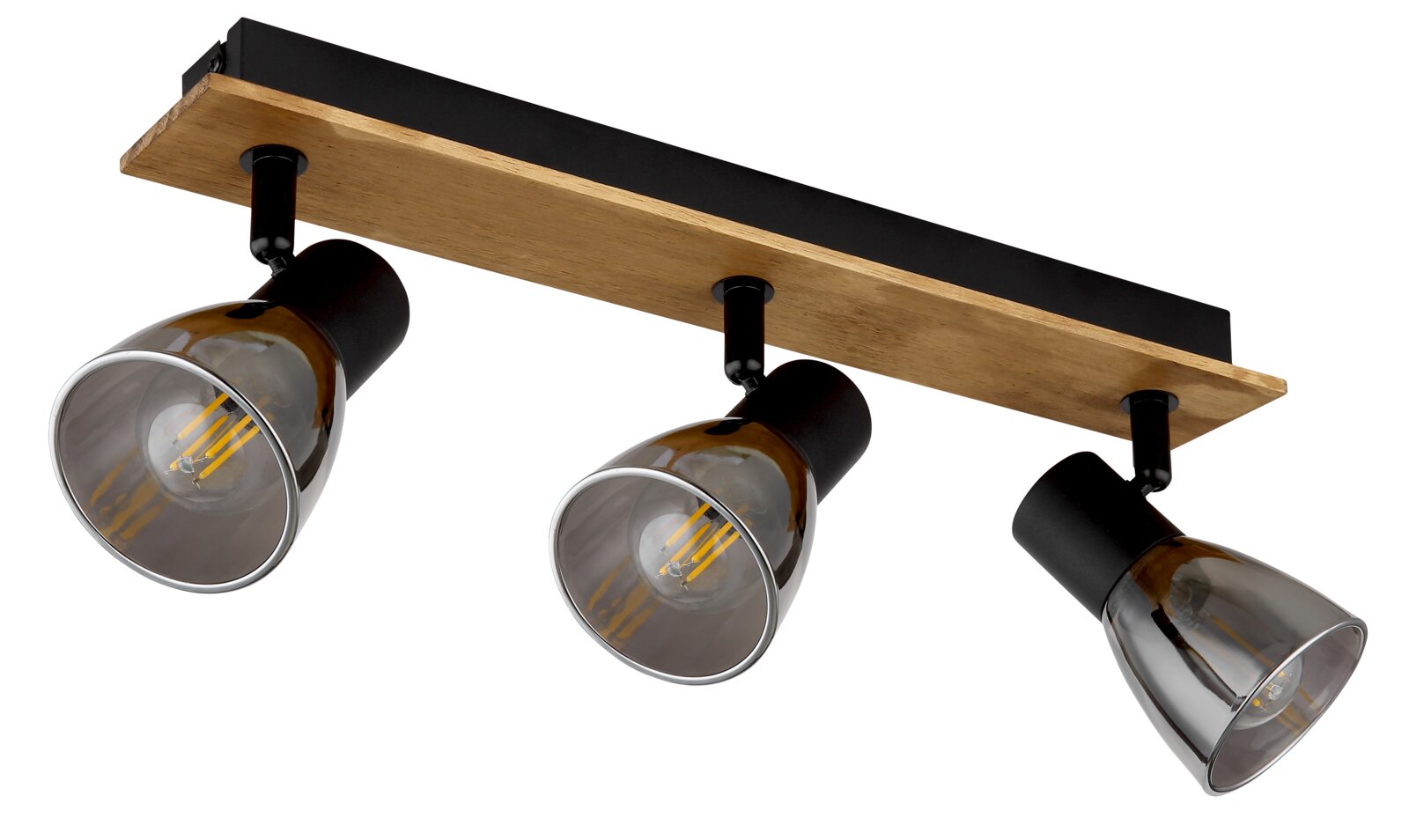 Dreifacher Deckenstrahler mit Holz- und Metallelementen, seitliche Perspektive