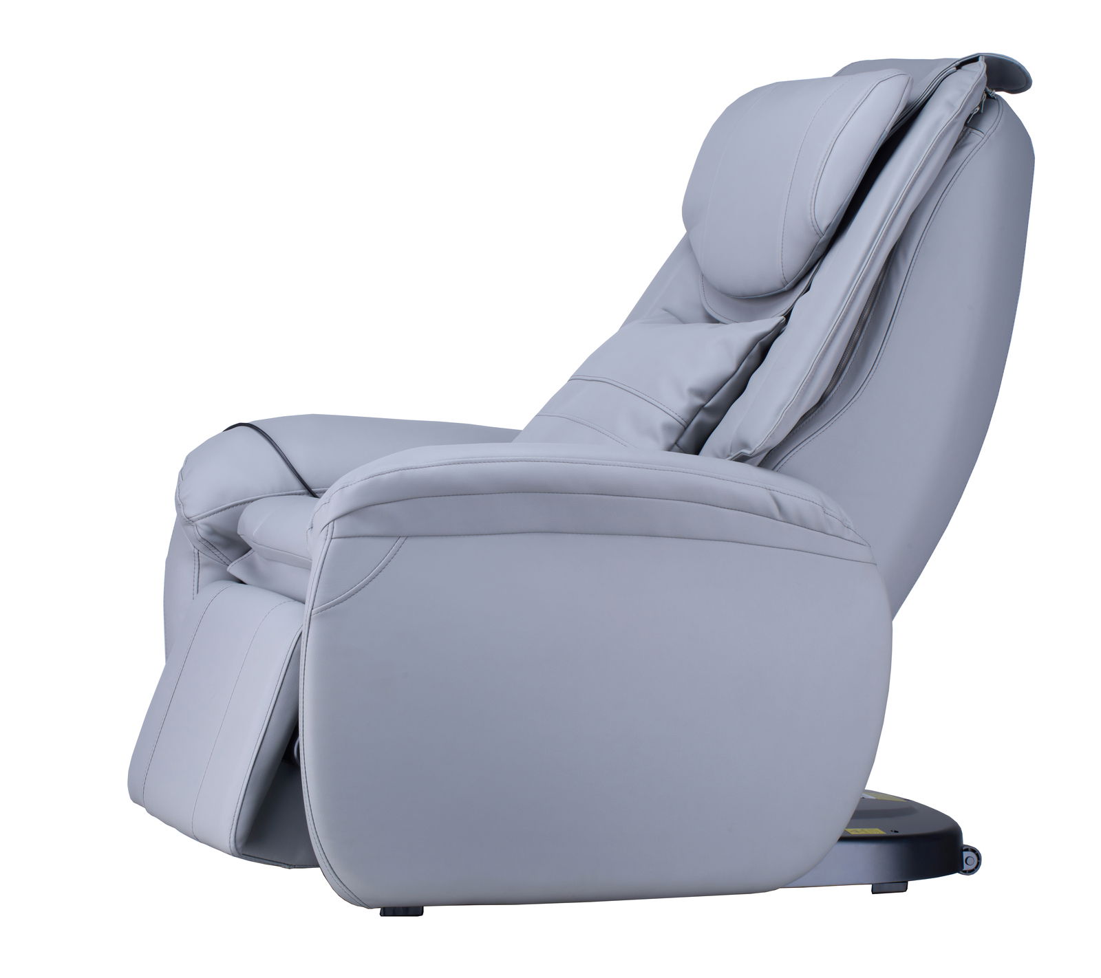 Seitliche Ansicht eines grauen Massagesessels mit ergonomischem Design und gepolstertem Kopfteil.