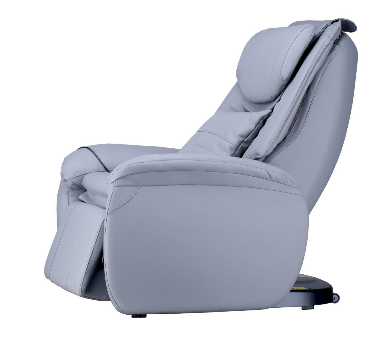 Seitliche Ansicht eines grauen Massagesessels mit ergonomischem Design und gepolstertem Kopfteil.
