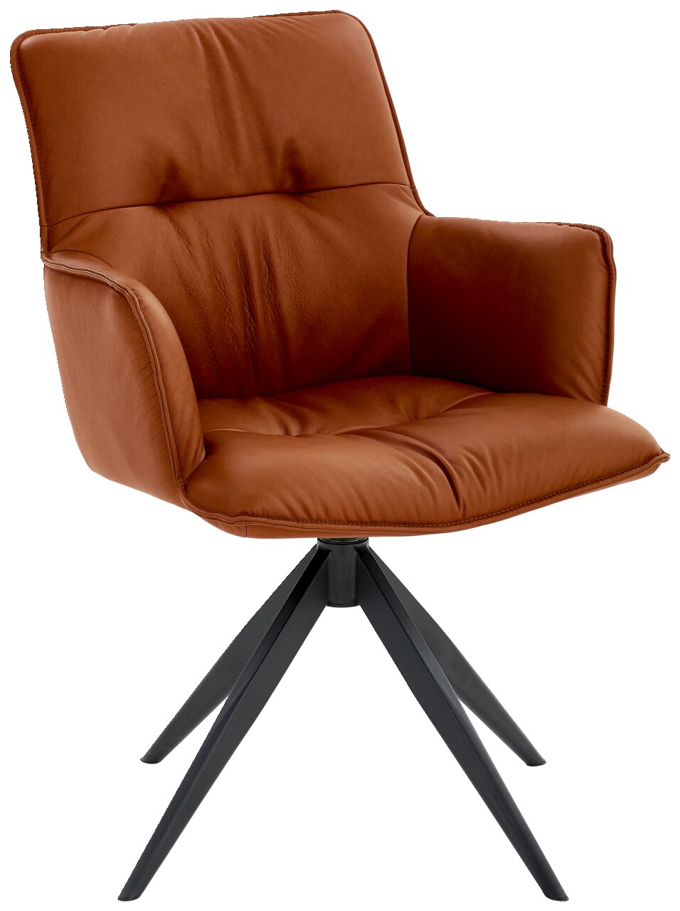 Design-Schalensessel in braunem Leder mit schwarzem Metallgestell, seitliche Perspektive