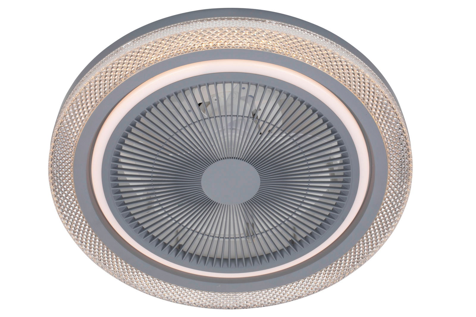 Deckenventilator mit modernem Design, von unten betrachtet, mit einem dekorativen, beleuchteten Rand.