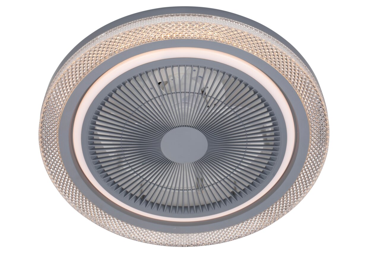 Plafondventilator met een modern ontwerp, gezien van onderaf, met een decoratieve, verlichte rand.