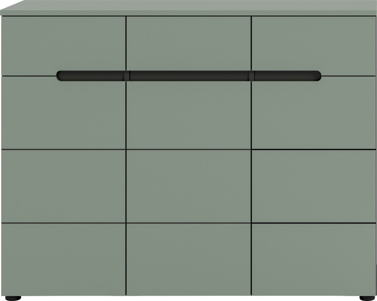 Frontansicht eines modernen Sideboards in mattem Salbeigrün mit drei Türen und durchgehendem schwarzen Griff