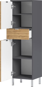 Moderner Schrank mit grauer Oberfläche, weißen Türen und einer Holzschublade, frontal betrachtet.