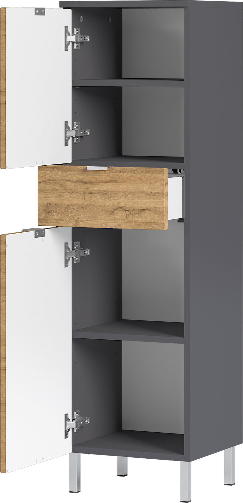 Moderner Schrank mit grauer Oberfläche, weißen Türen und einer Holzschublade, frontal betrachtet.
