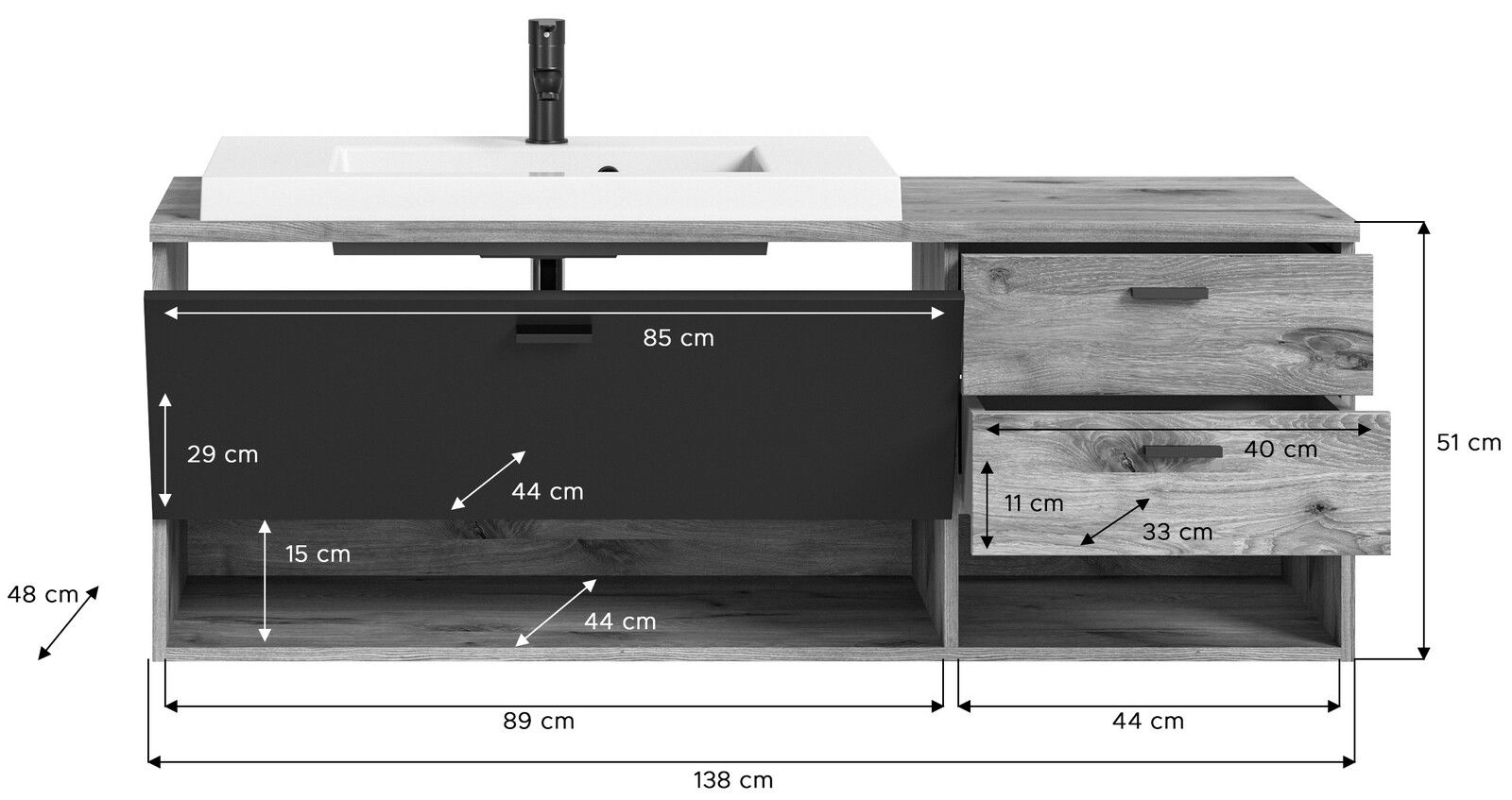 Moderner Waschtisch mit Holzoptik und schwarzen Elementen, Frontansicht