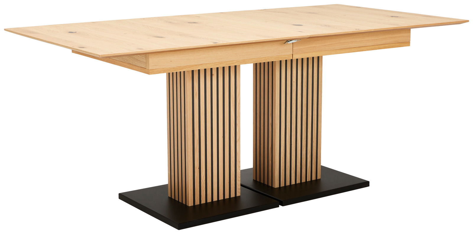 Moderner Esstisch aus Holz mit gestreiften Säulenbeinen, seitliche Perspektive