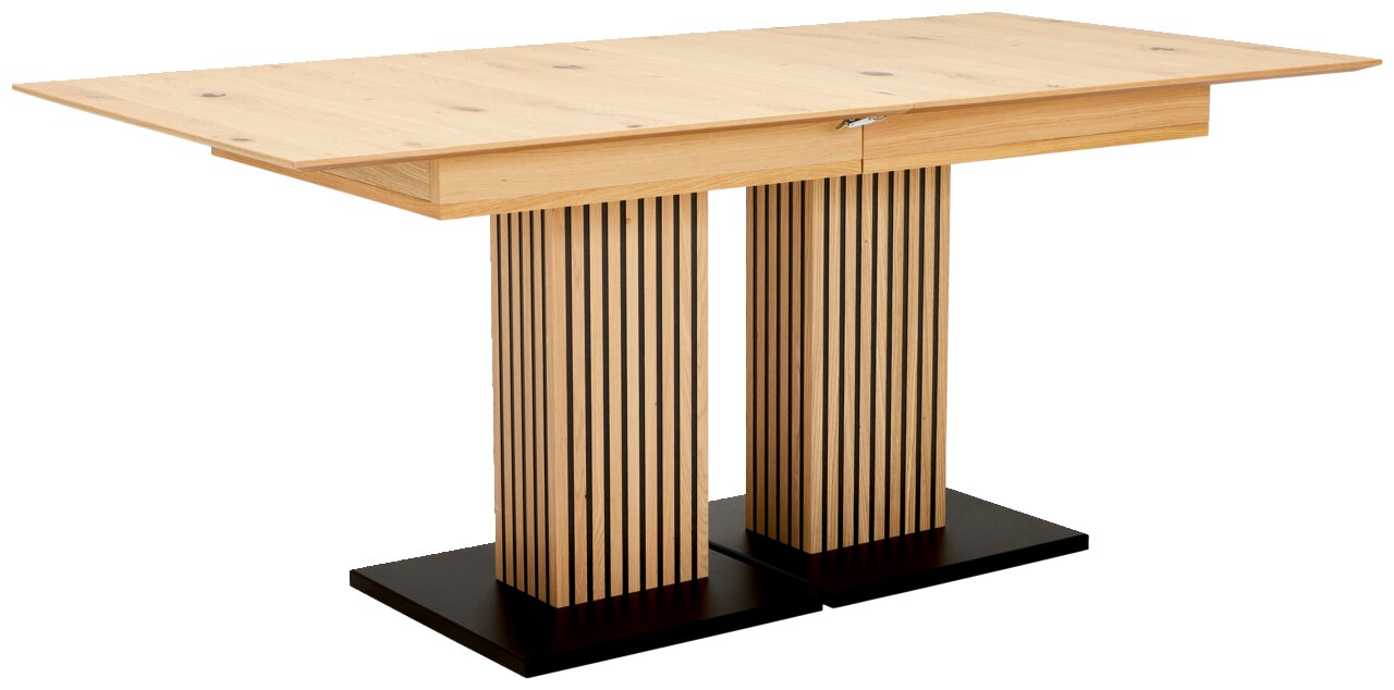 Moderner Esstisch aus Holz mit gestreiften Säulenbeinen, seitliche Perspektive