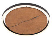 Runde LED-Deckenleuchte mit Holzoptik, von unten betrachtet.