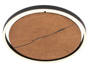 Runde LED-Deckenleuchte mit Holzoptik, von unten betrachtet.