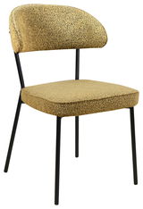Moderner Stuhl mit gepolstertem Sitz und Rückenlehne in beige, schwarzes Metallgestell, seitliche Perspektive