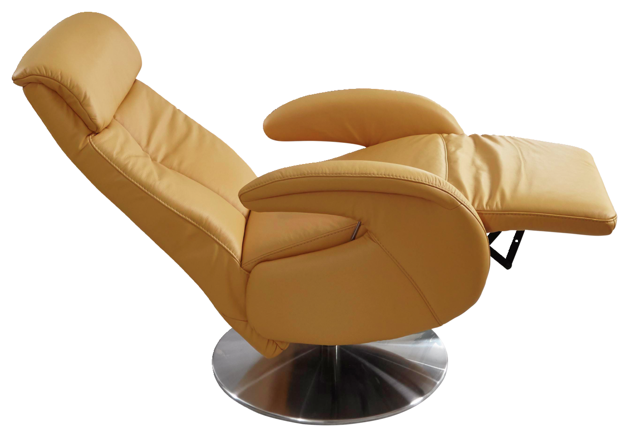 Seitliche Ansicht eines beigen Fernsehsessels mit verstellbarer Rückenlehne und Fußstütze auf einem runden Metallfuß.