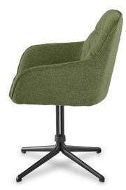 Grüner Armlehnstuhl aus seitlicher Perspektive mit schwarzem Metallfußgestell