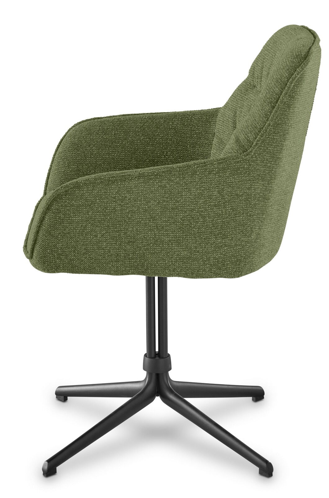 Grüner Armlehnstuhl aus seitlicher Perspektive mit schwarzem Metallfußgestell
