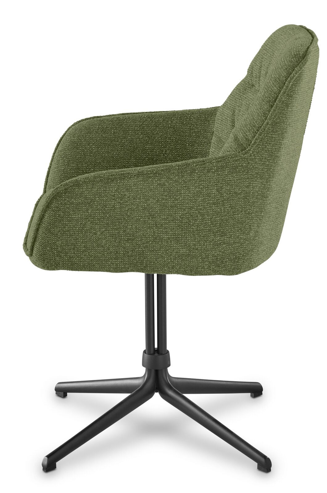 Grüner Armlehnstuhl aus seitlicher Perspektive mit schwarzem Metallfußgestell