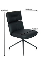 Schwarzer Stuhl mit gepolsterter Rückenlehne und Sitzfläche, auf einem vierbeinigen Metallgestell. Seitenansicht.