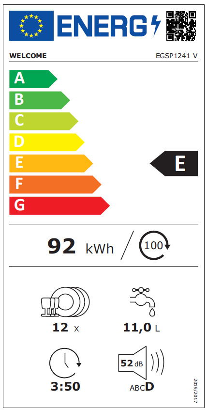 Energieeffizienzklasse E Geschirrspüler mit einem Verbrauch von 92 kWh pro 100 Zyklen, 12 Maßgedecke, 11,0 Liter Wasserverbrauch, 3:50 Stunden Laufzeit und 52 dB Lautstärke. Frontalansicht des Energielabels.
