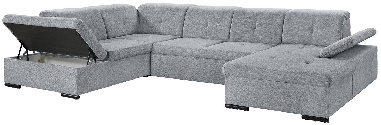 Graues Ecksofa in U-Form mit Stauraum, Ansicht von schräg vorne.