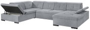 Graues Ecksofa in U-Form mit Stauraum, Ansicht von schräg vorne.