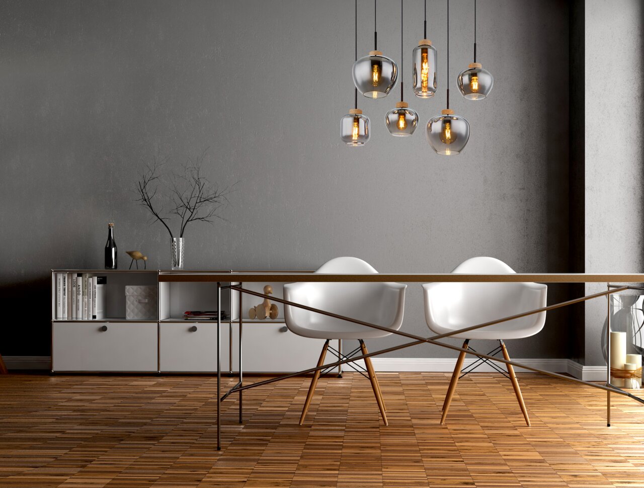 Globo Lighting Hängeleuchte MATT Moderne Hängeleuchte mit mehreren Glaskugeln, die von der Decke über einem Esstisch hängen, seitliche Perspektive.