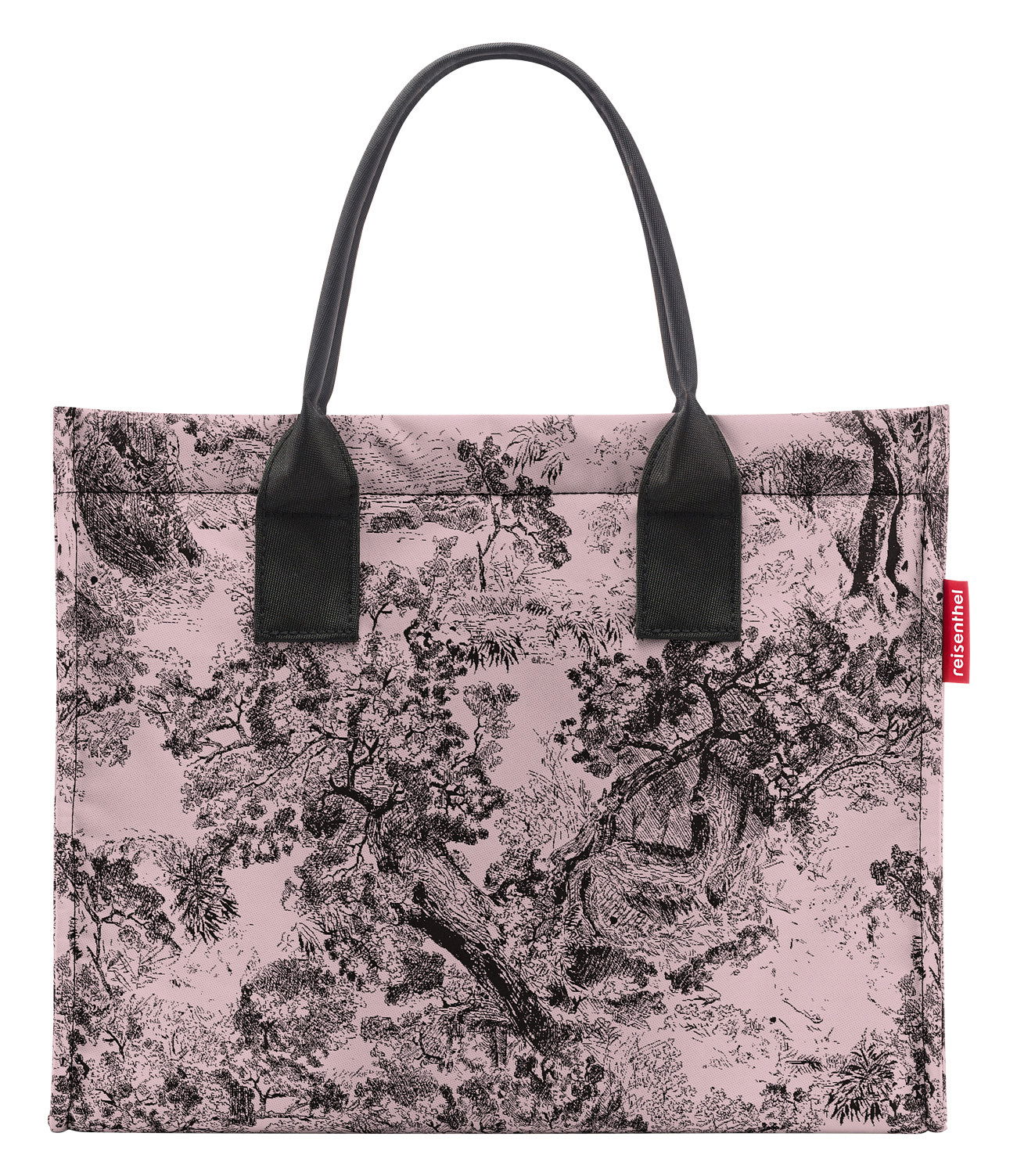 Vorderansicht einer eleganten Einkaufstasche mit schwarzem Griff und einem kunstvollen, schwarz-weißen Naturmotiv auf rosa Hintergrund.
