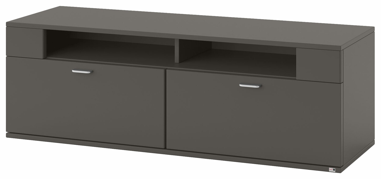 Set one by Musterring TV-Lowboard TACOMA Modernes TV-Lowboard in dunklem Grau mit zwei Schubladen und offenen Fächern, seitliche Perspektive