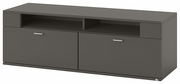 Modernes TV-Lowboard in dunklem Grau mit zwei Schubladen und offenen Fächern, seitliche Perspektive