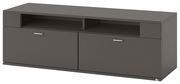Modernes TV-Lowboard in dunklem Grau mit zwei Schubladen und offenen Fächern, seitliche Perspektive