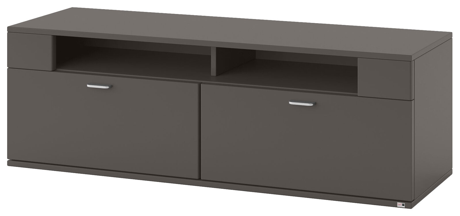 Modernes TV-Lowboard in dunklem Grau mit zwei Schubladen und offenen Fächern, seitliche Perspektive