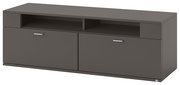 Modernes TV-Lowboard in dunklem Grau mit zwei Schubladen und offenen Fächern, seitliche Perspektive
