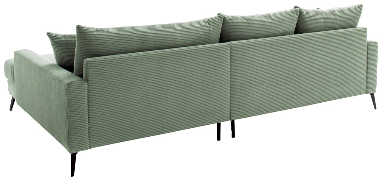 Achterkant van een groene hoekbank met geribbelde stoffen bekleding en zwarte poten.