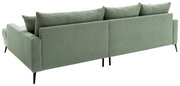 Achterkant van een groene hoekbank met geribbelde stoffen bekleding en zwarte poten.