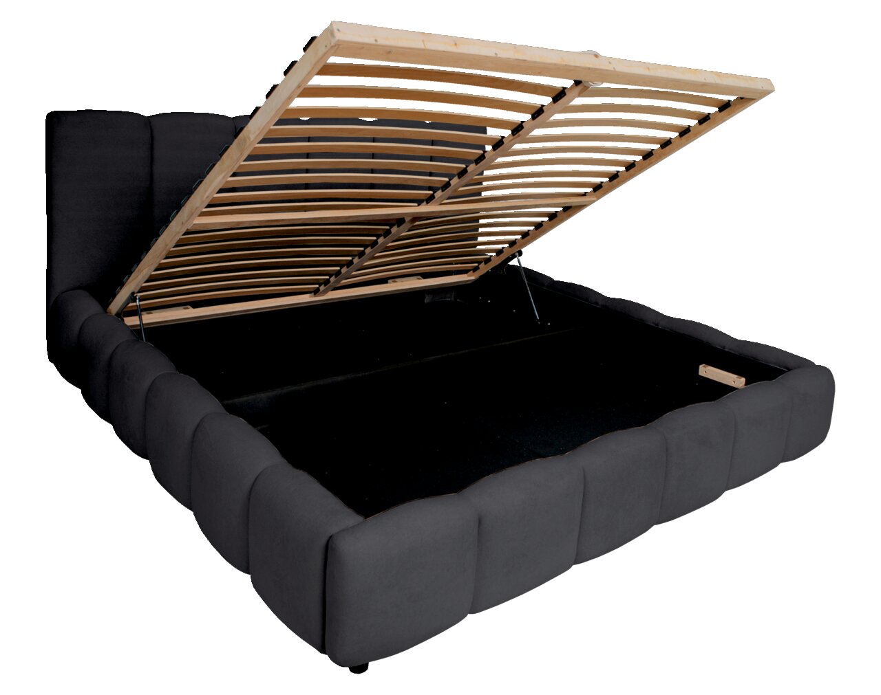 Polsterbettgestell mit hochgeklapptem Lattenrost, seitliche Perspektive