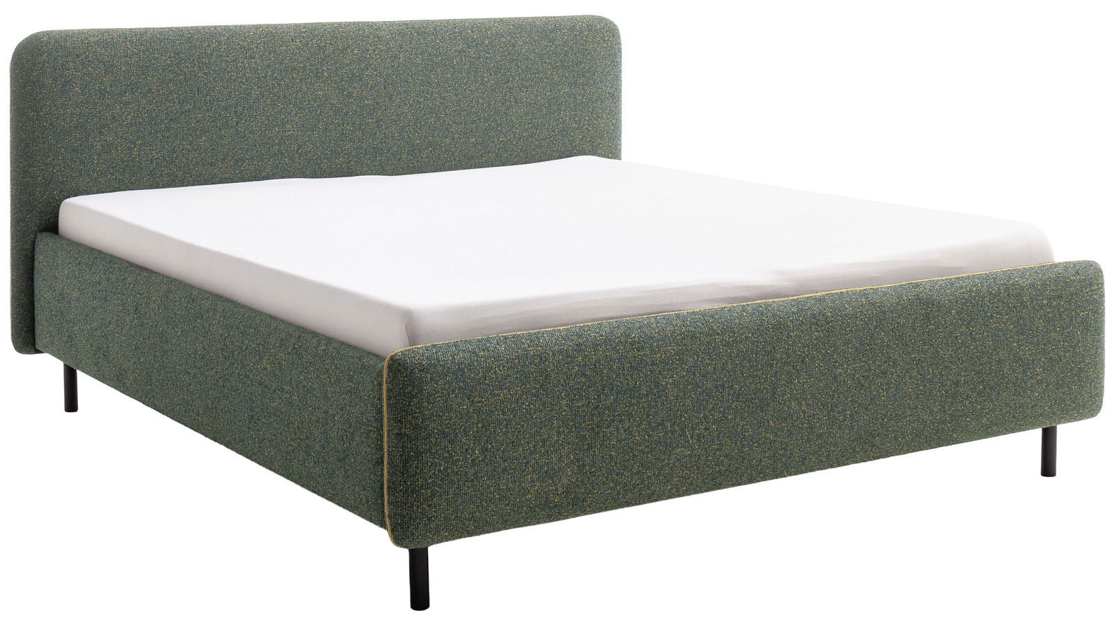 Polsterbett in Grün mit Kopf- und Fußteil, seitliche Perspektive