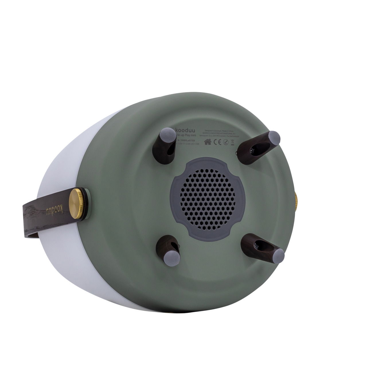 Unteransicht eines tragbaren Lautsprechers mit vier Füßen, einem Griff und einem Lautsprechergitter in der Mitte.