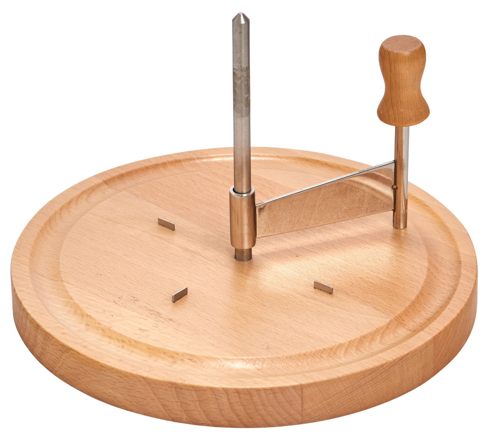 Käse-Schneidebrett aus Holz mit Metallstange und Griff, seitliche Perspektive