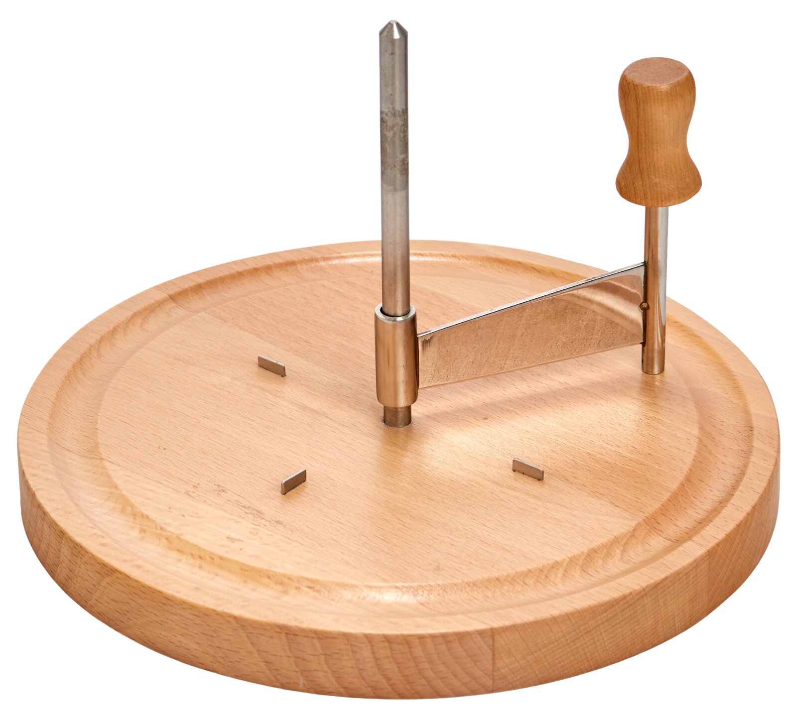 Käse-Schneidebrett aus Holz mit Metallstange und Griff, seitliche Perspektive